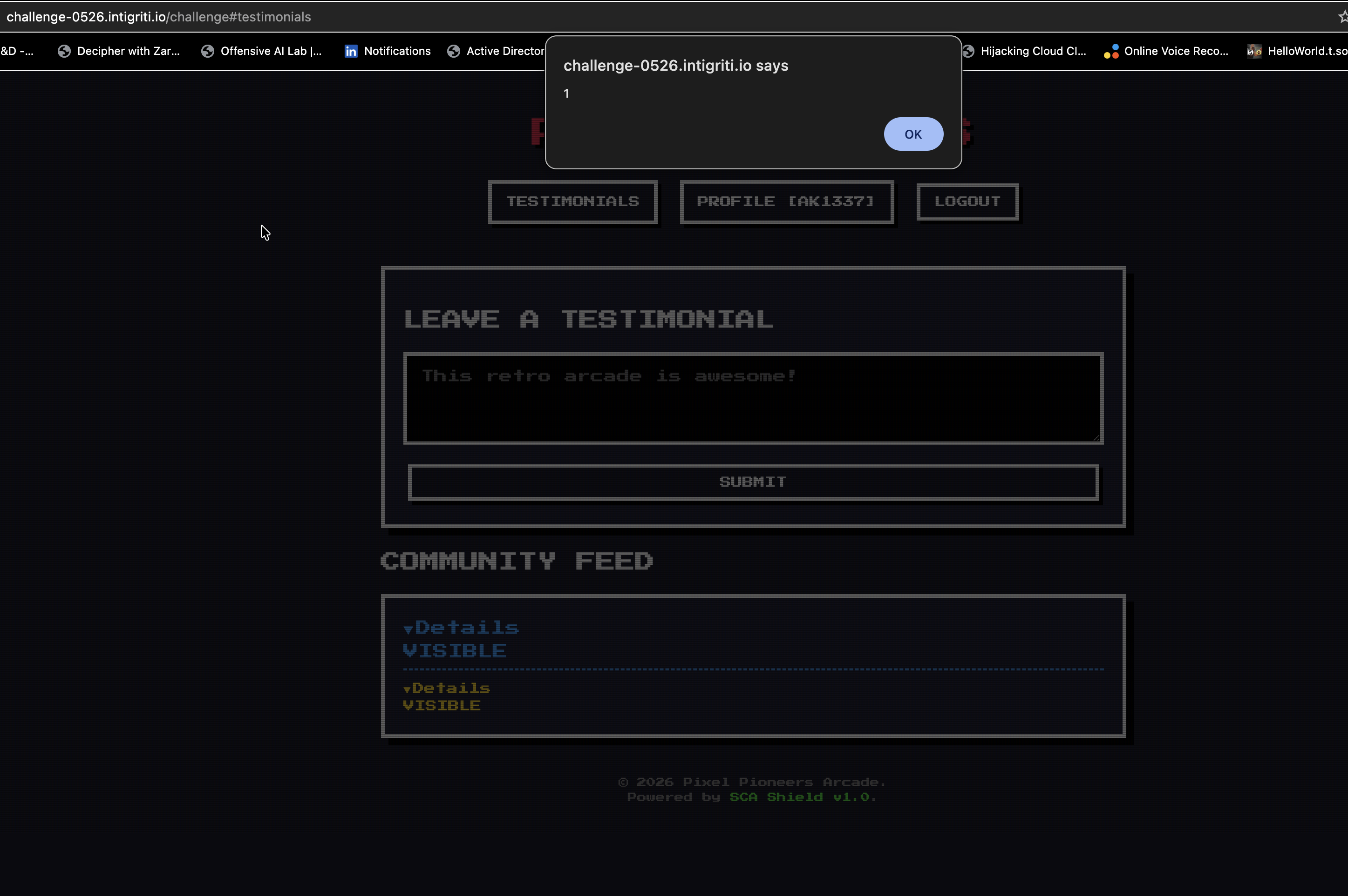alert(1) firing on the Testimonials page with the VISIBLE marker showing in the Community Feed