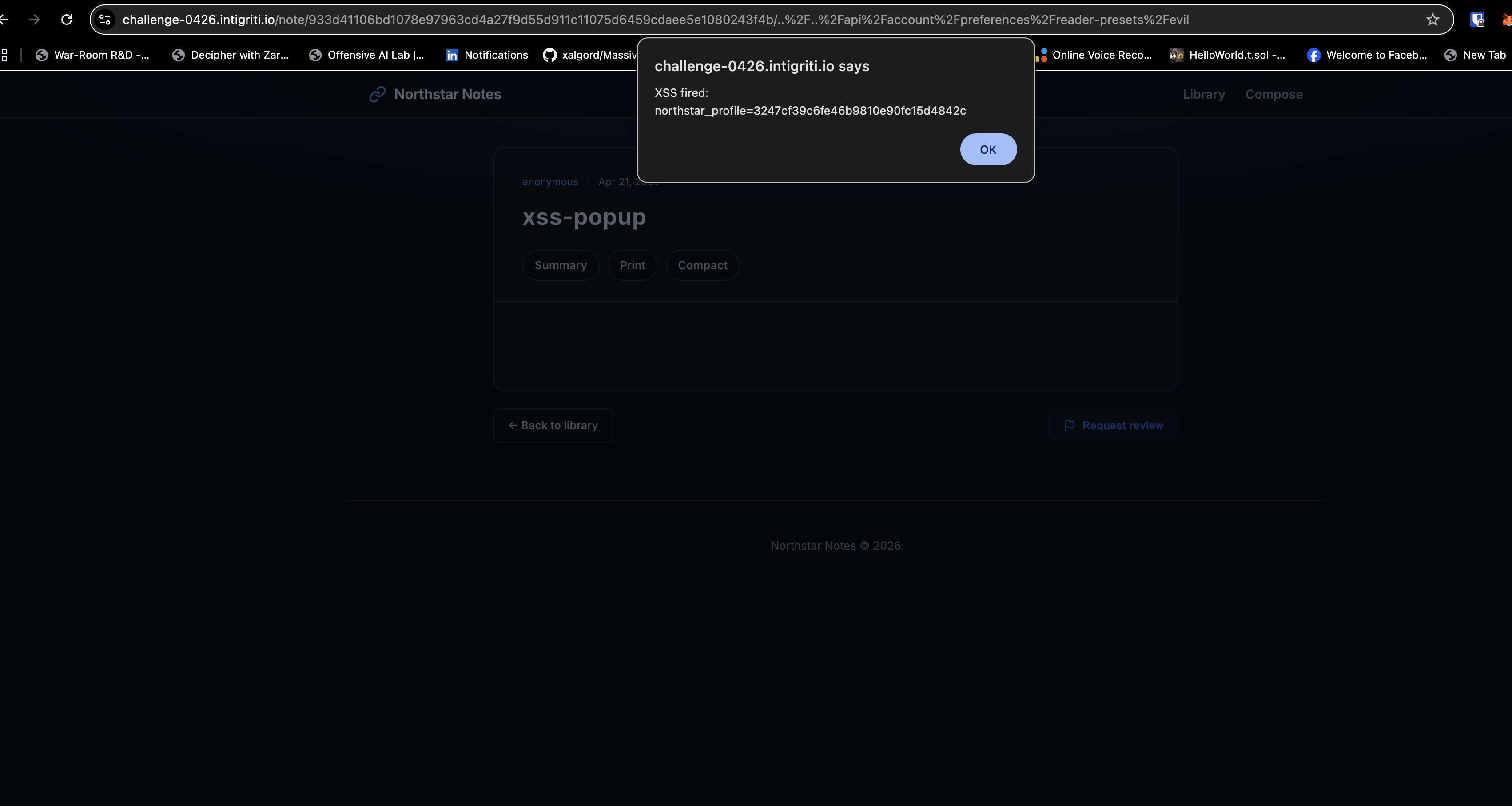 XSS popup firing in Chrome showing the cookie value